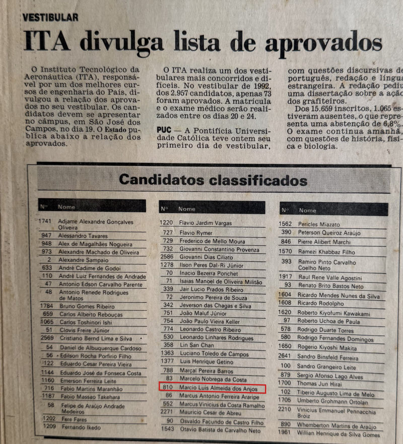 Recorte do jornal O Estado de 1992: ITA divulga lista de aprovados. Destacado: Marcio Luis Almeida dos Anjos.