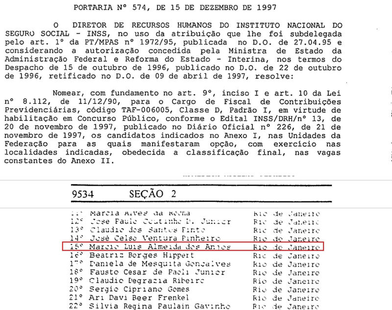 Diário Oficial de 1997: portaria de nomeação do INSS. Destacado: Marcio Luis Almeida dos Anjos, 15º no Rio de Janeiro.