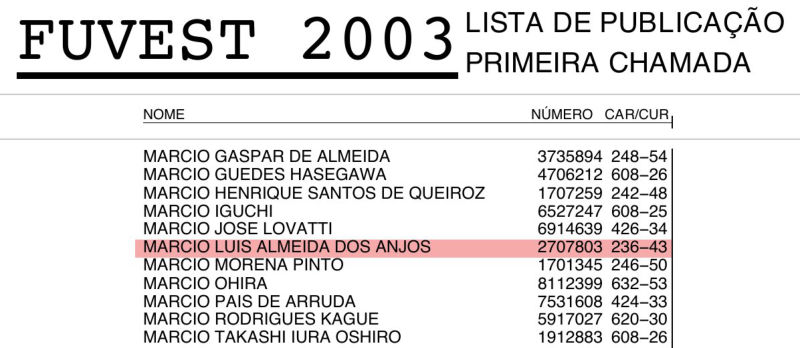 Lista da primeira chamada da FUVEST 2003. Destacado: Marcio Luis Almeida dos Anjos.