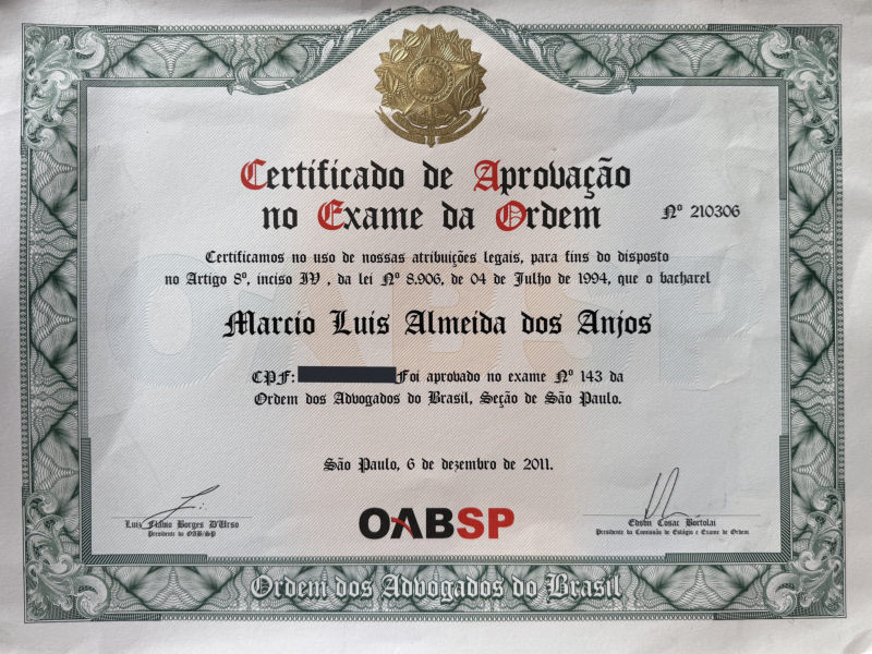 Certificado de aprovação no Exame de Ordem da OAB São Paulo, de 2011, em nome de Marcio Luis Almeida dos Anjos.