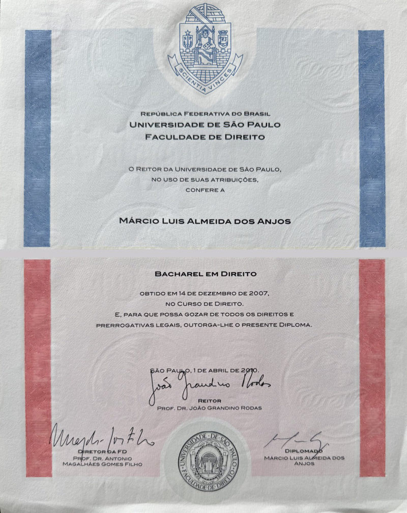 Diploma de Bacharel em Direito pela Faculdade de Direito da USP, de 2007, em nome de Márcio Luis Almeida dos Anjos.