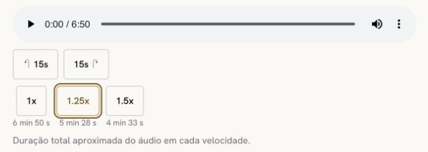 Tela da área do aluno para Advogado empregado e estagiário, com o áudio parado, duração 06:50 e velocidade 1.25x selecionada, reduzindo a duração para 5 min 28 s