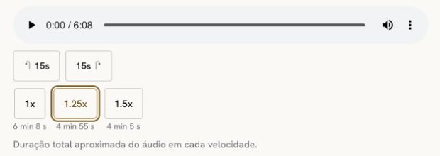 Tela da área do aluno para Contratos: compra e venda, doação e empréstimo, com o áudio parado, duração 06:08 e velocidade 1.25x selecionada, reduzindo a duração para 4 min 55 s